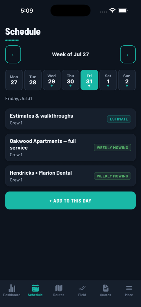 Schedule screen showing the week's work