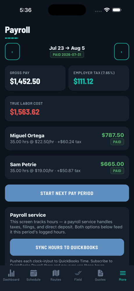 Payroll screen with hours and gross pay